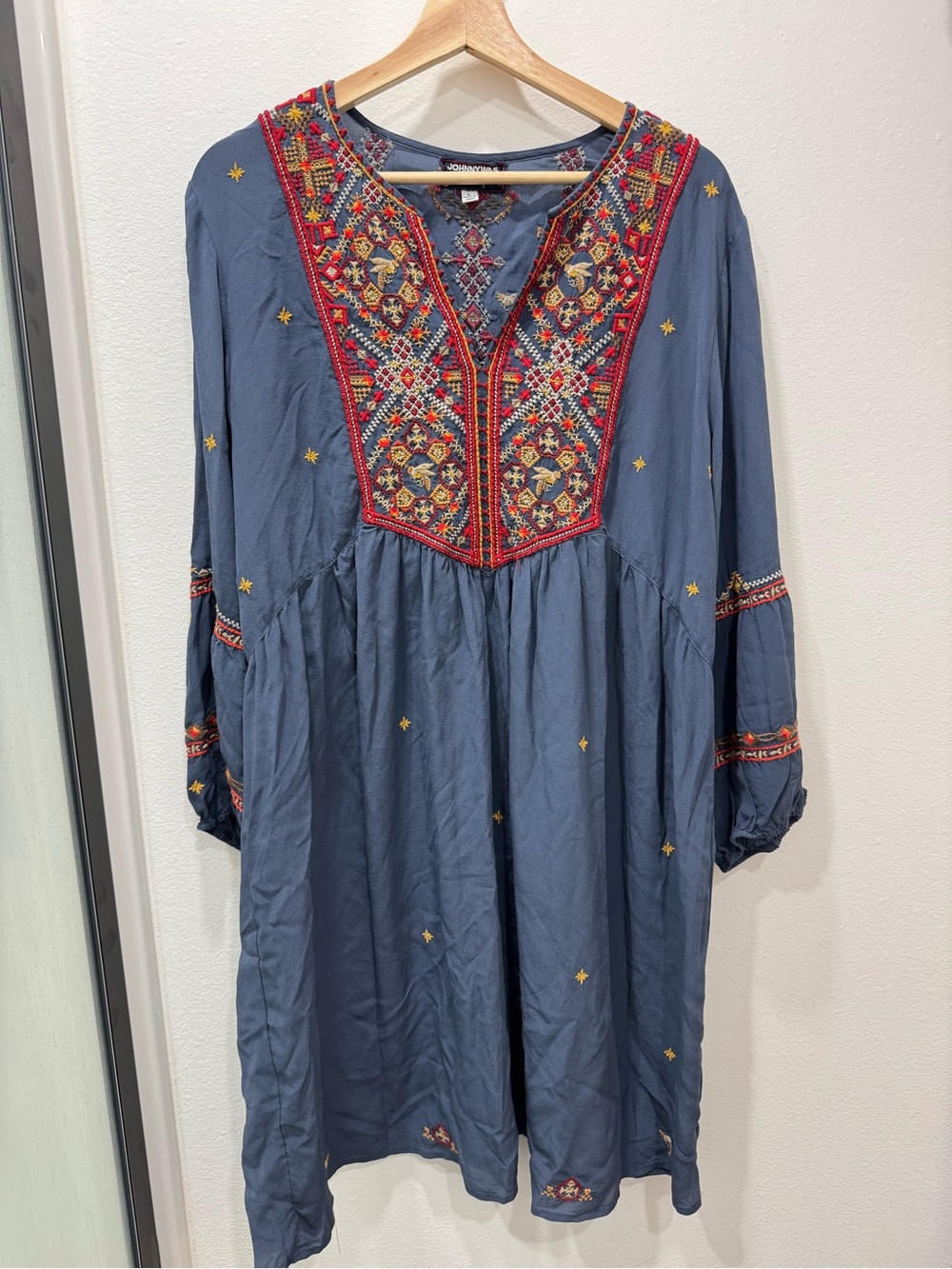 NEW Johnny Was Workshop 100% Silk Embroidered Tunic Dress Blue Boho Women’s L